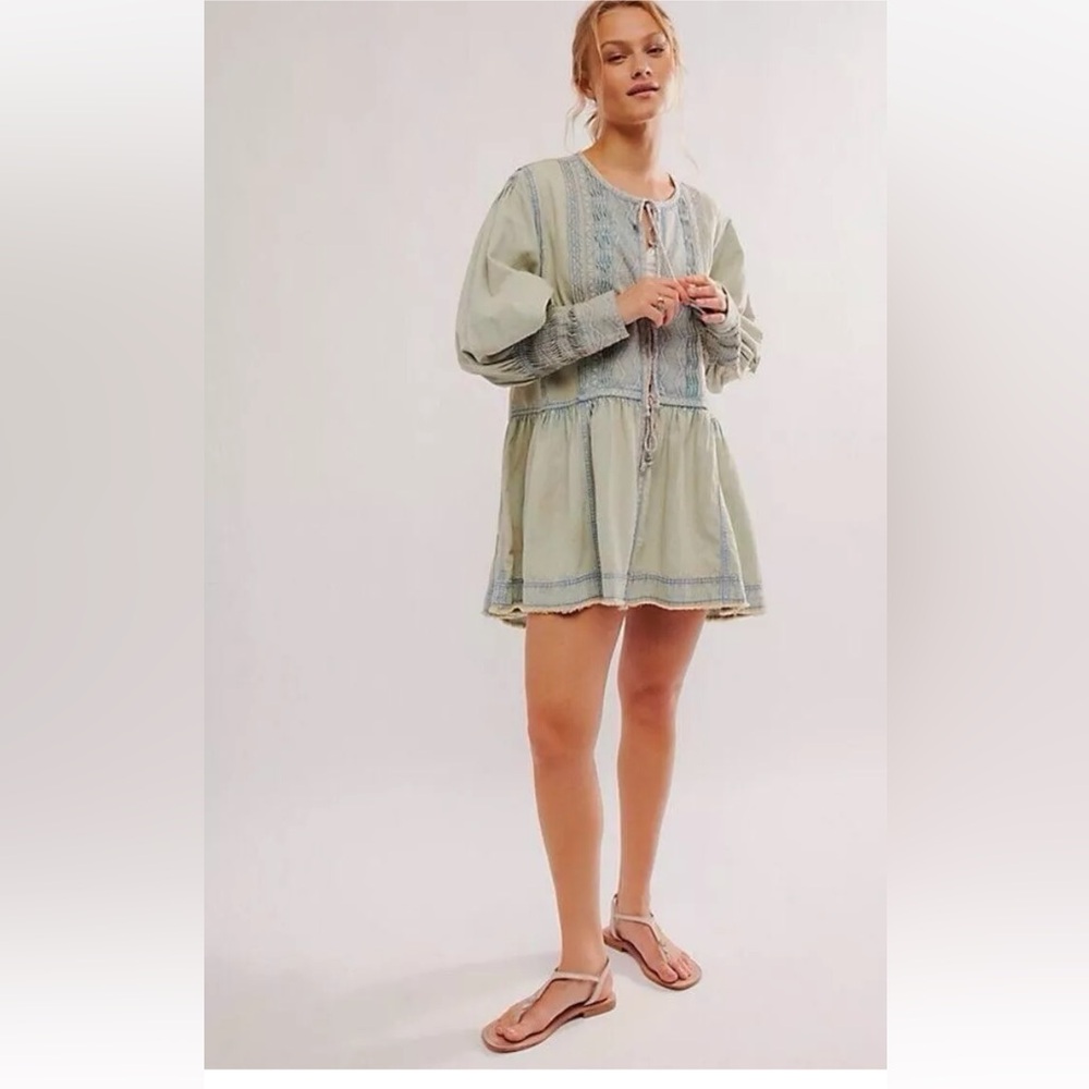 Free People Sweet Summer Bed Jacket Dress Oversize Chambray Denim Swingy